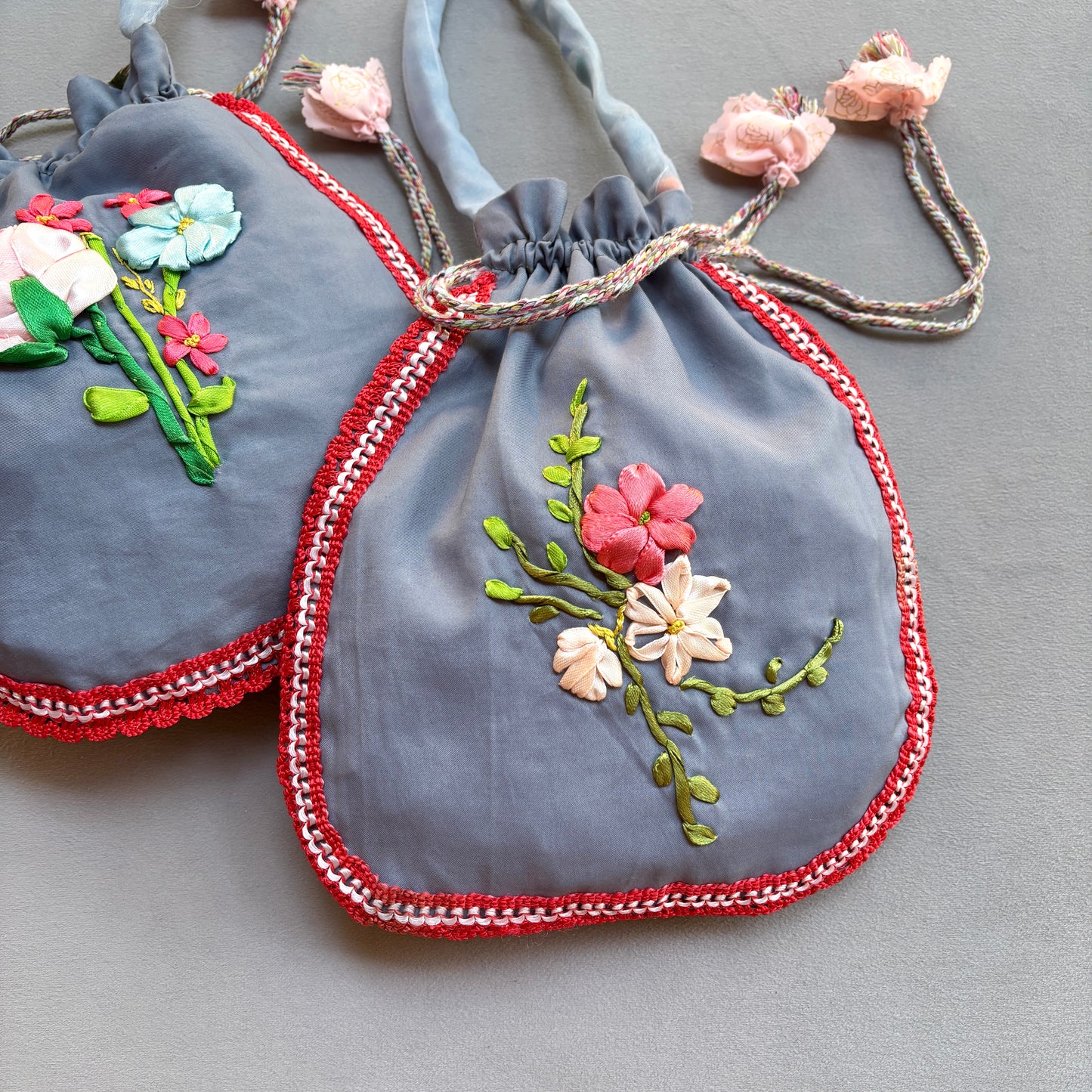 Ribbon Embroidery Potli- Grey Meadow 1