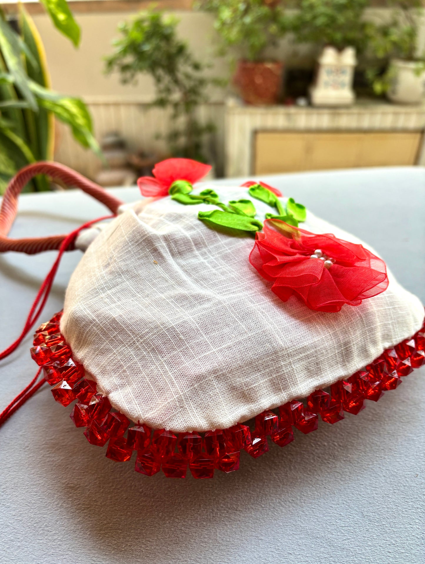 Ribbon Embroidery Potli - Red Love