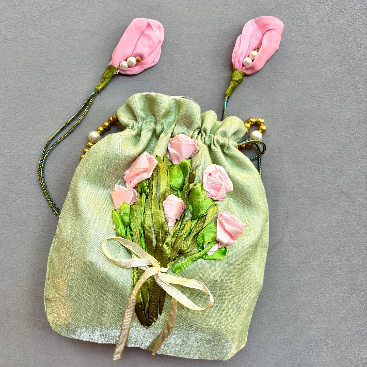 Ribbon Embroidery Potli - Bouquet