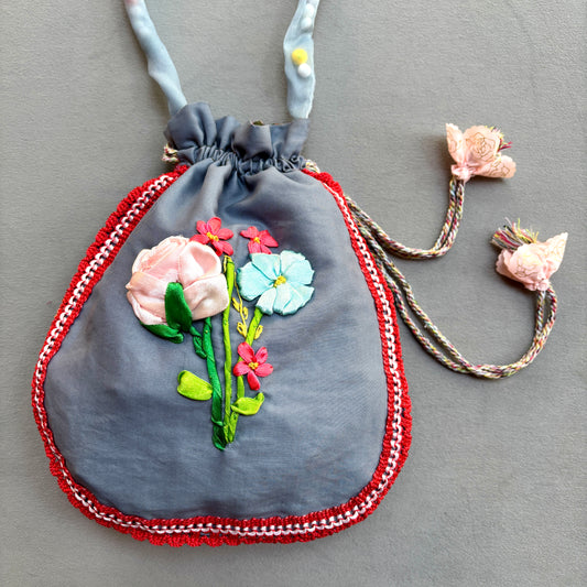 Ribbon Embroidery Potli- Grey Meadow 2