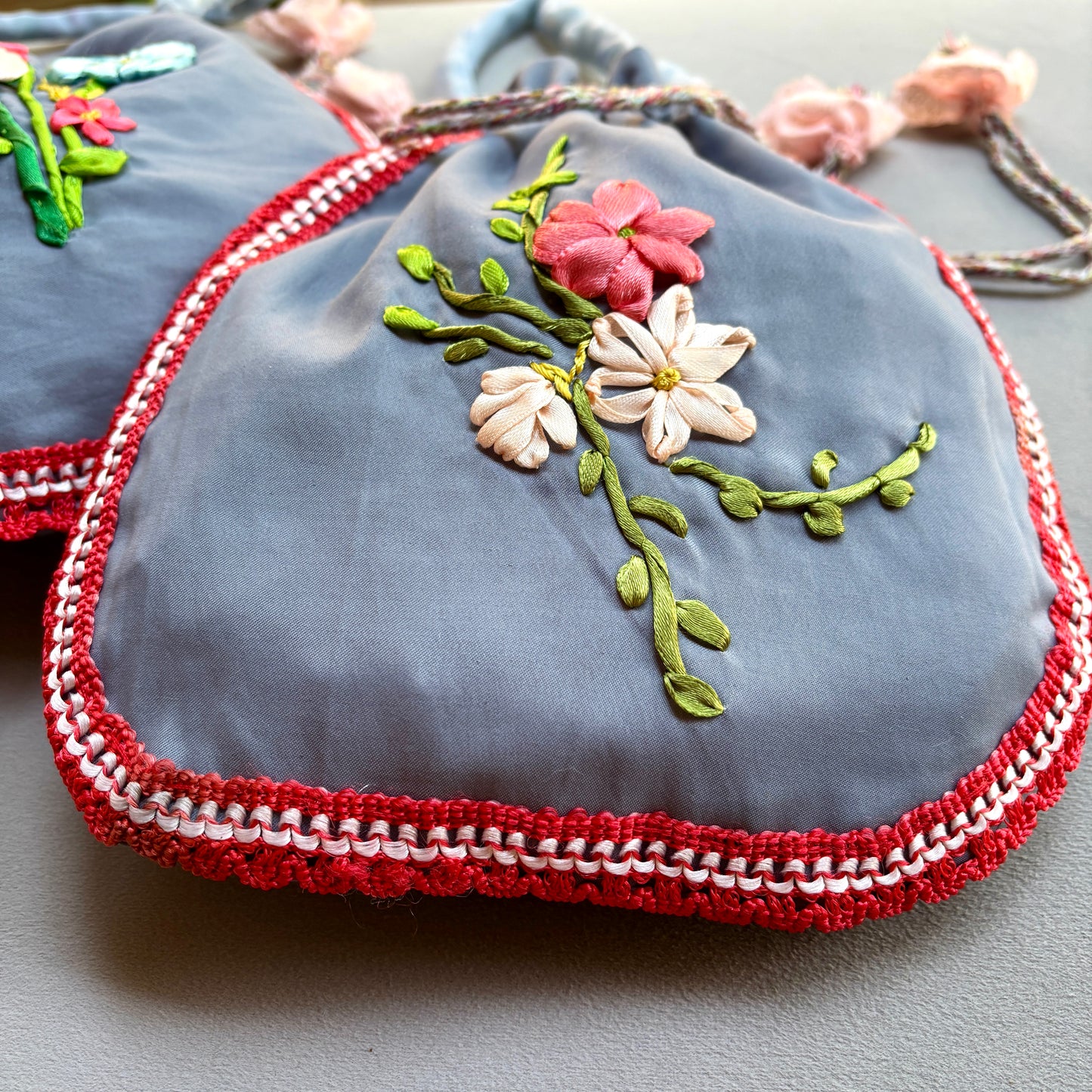 Ribbon Embroidery Potli- Grey Meadow 1