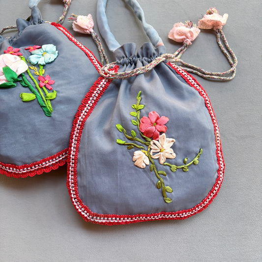 Ribbon Embroidery Potli- Grey Meadow 1