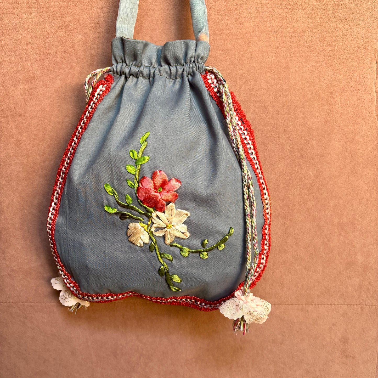Ribbon Embroidery Potli- Grey Meadow 1
