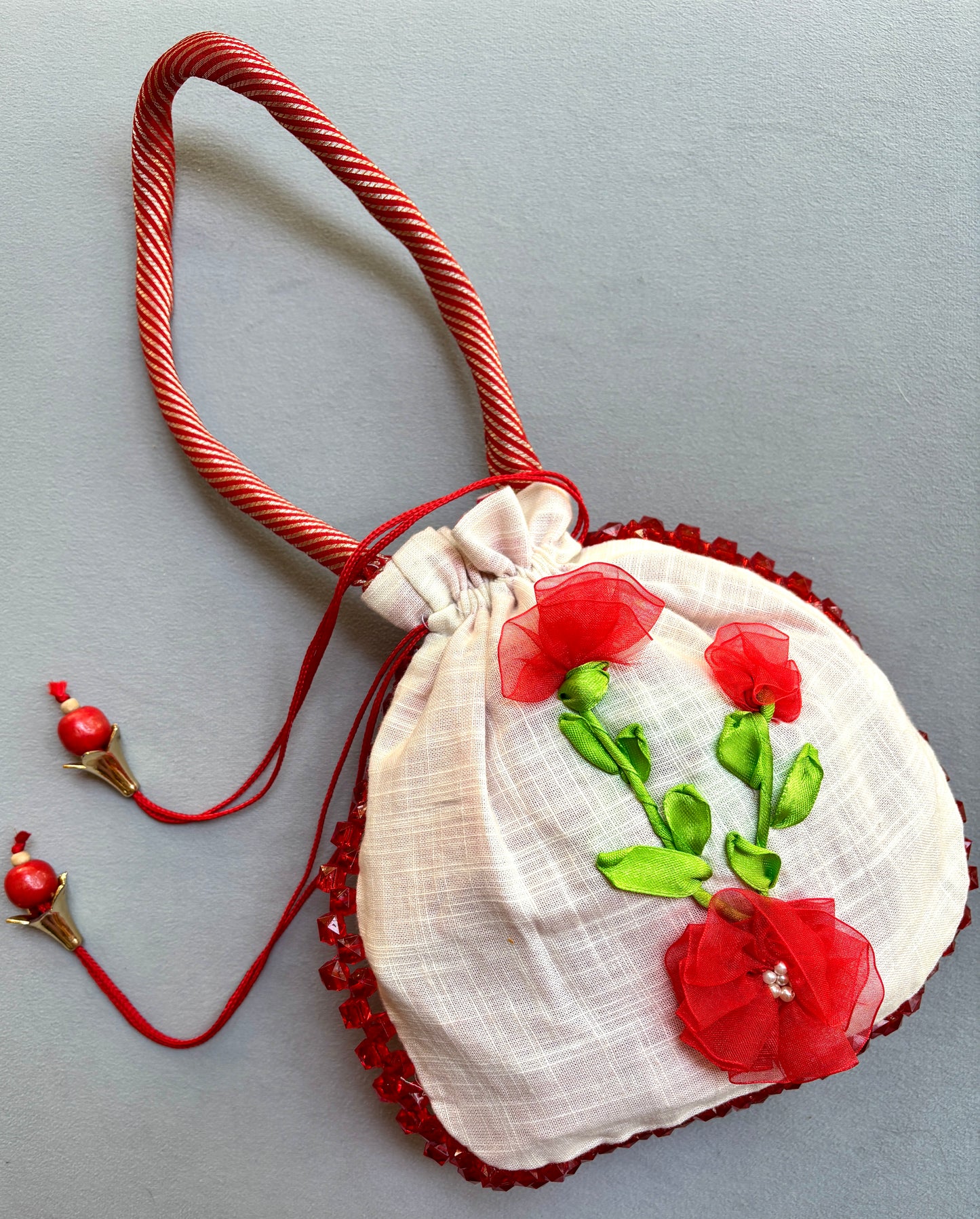 Ribbon Embroidery Potli - Red Love