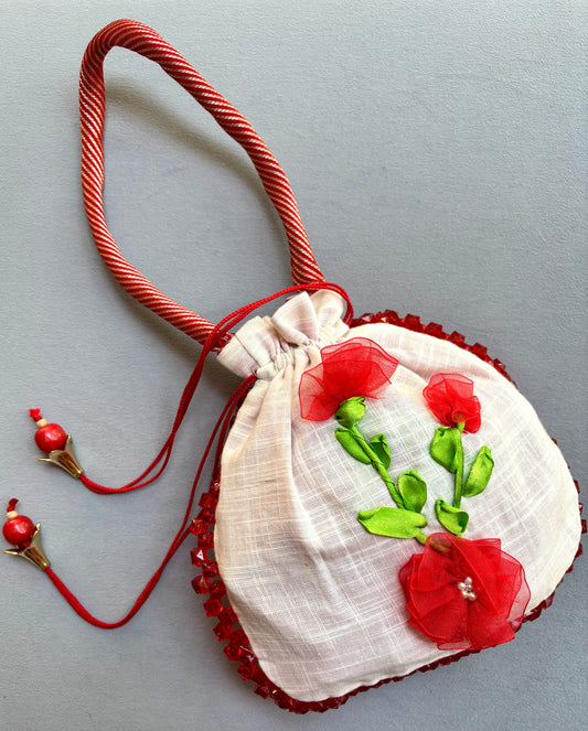 Ribbon Embroidery Potli - Red Love