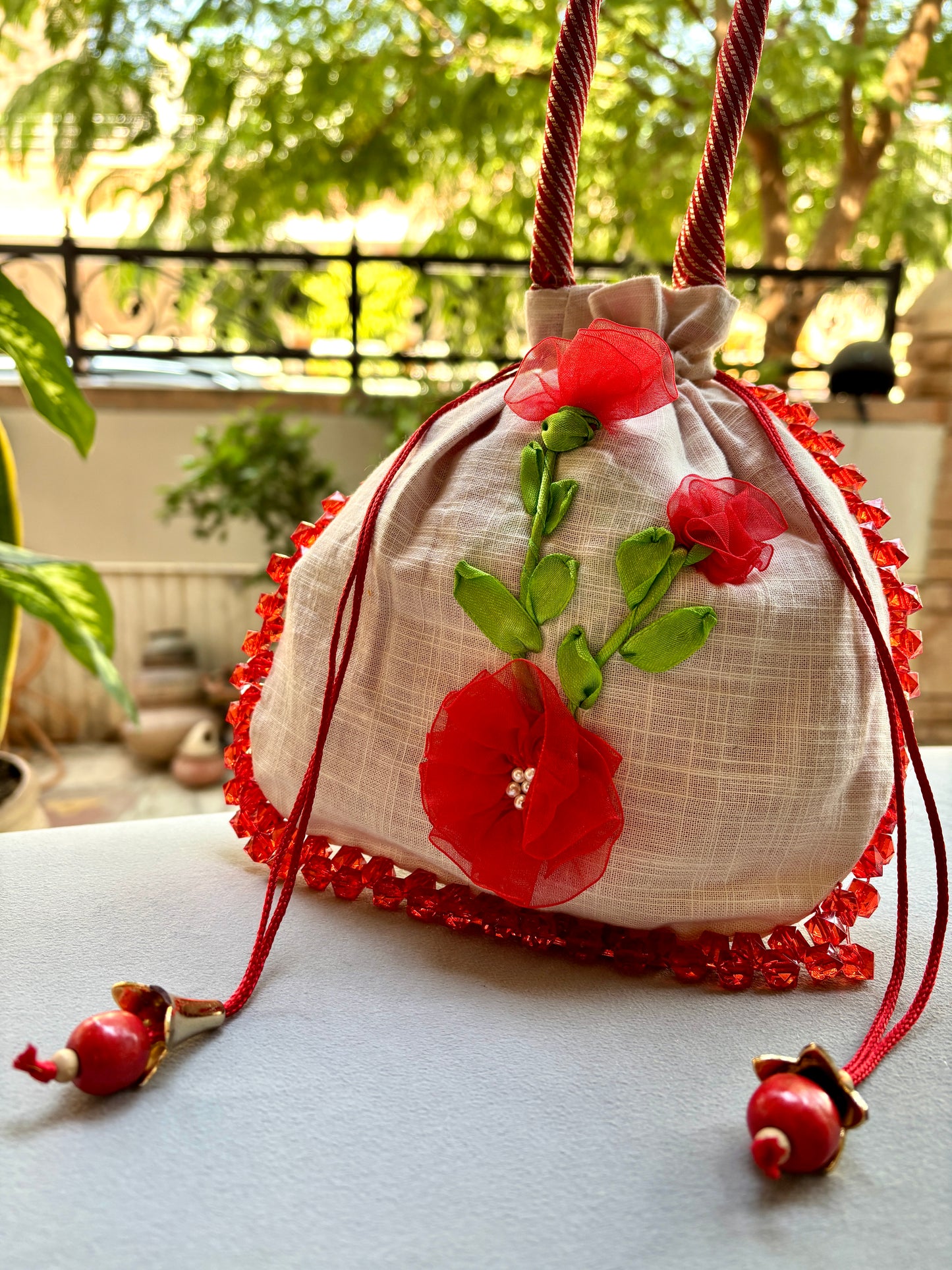 Ribbon Embroidery Potli - Red Love
