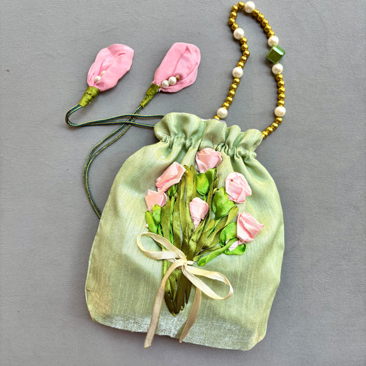 Ribbon Embroidery Potli - Bouquet