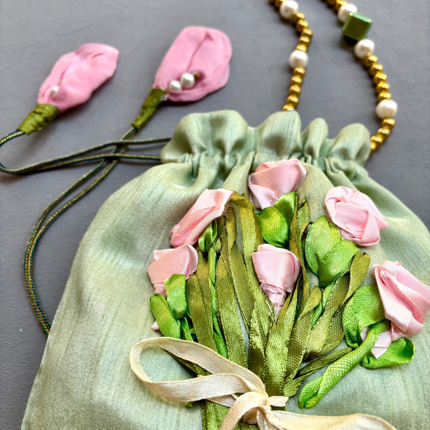 Ribbon Embroidery Potli - Bouquet