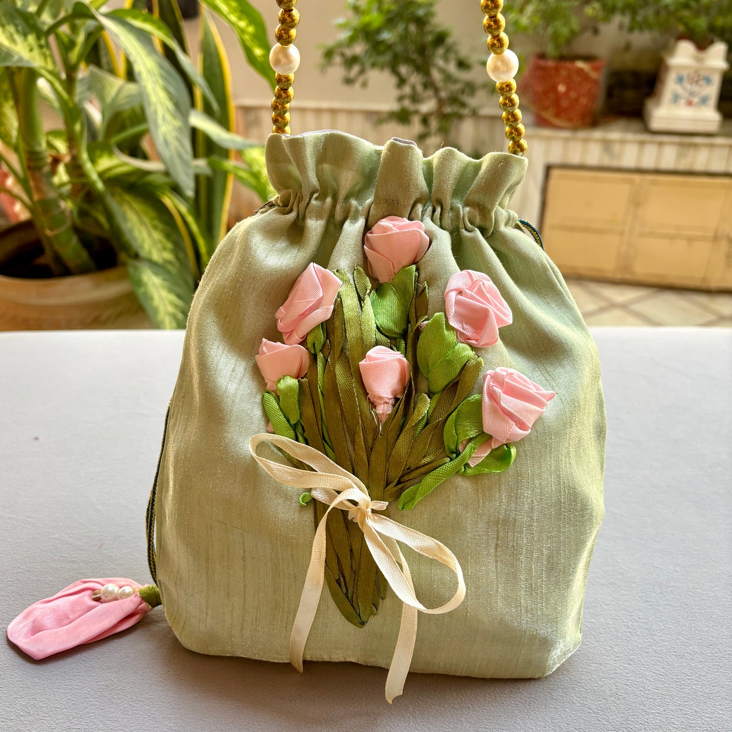 Ribbon Embroidery Potli - Bouquet